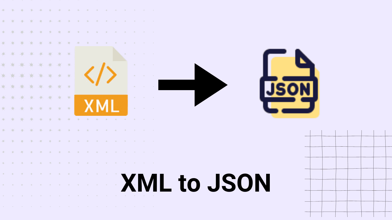 image contains 'XML to JSON' text with xml and json logos