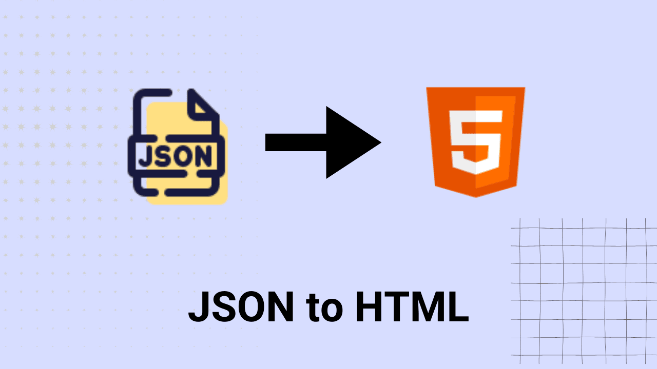 image contains 'JSON to HTML' text and html and json logos